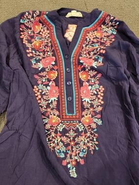 LUNA MOON Blue Embroidered Tunic Blouse Top